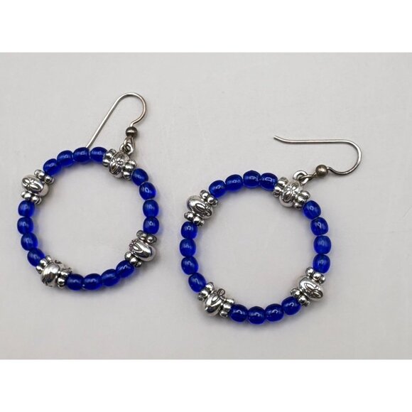 Vintage Royal Blue Beaded Hoop Earrings with Silver Tone Accents Retro Artisan - Picture 2 of 6